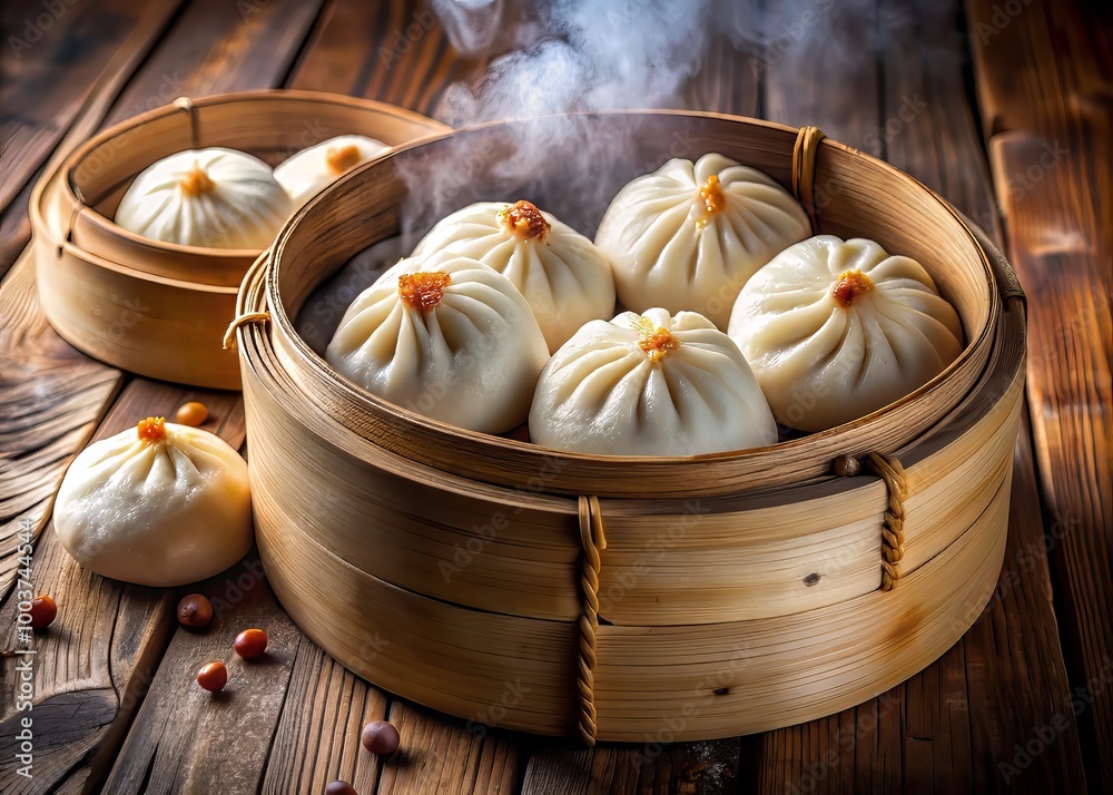 Steaming hot, soft, and fluffy Chinese-style baked buns filled with sweet or savory ingredients, arranged artfully on a traditional wooden steamer basket. Steaming hot, soft, and fluffy Chinese-style baked buns filled with sweet or savory ingredients, arranged artfully on a traditional wooden steamer basket.