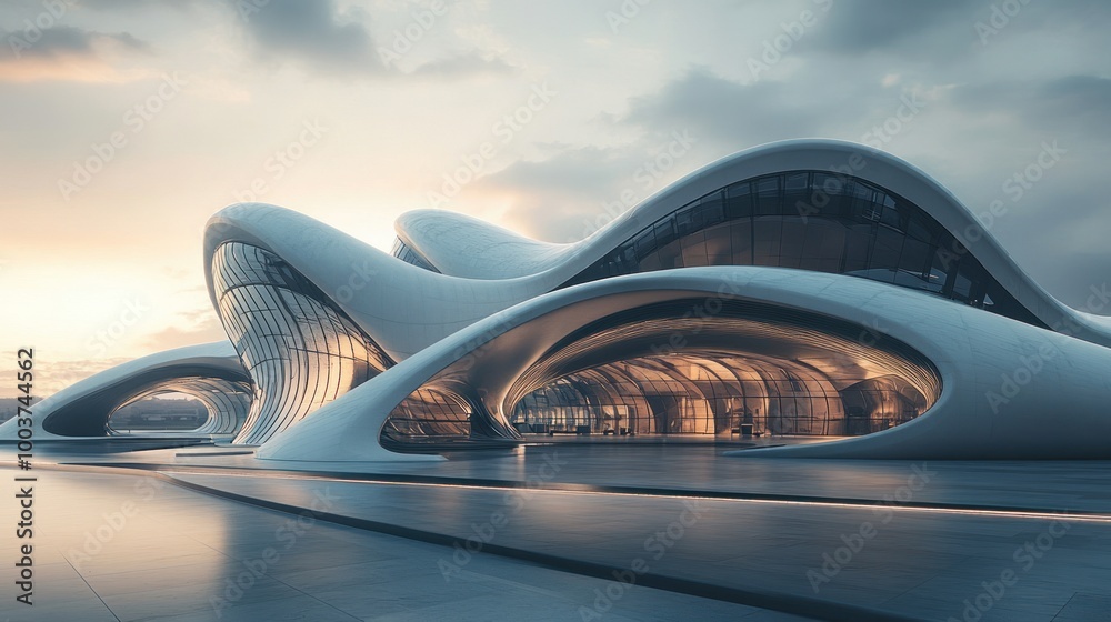A modern architectural structure with flowing curves and large glass windows at sunset. A modern architectural structure with flowing curves and large glass windows at sunset.