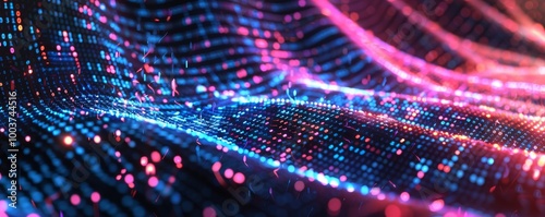 Abstract background with a glowing digital wave of data and code, an AI technology concept. Futuristic landscape with binary code in neon colors. Glowing pixel light effect on a dark backdrop.