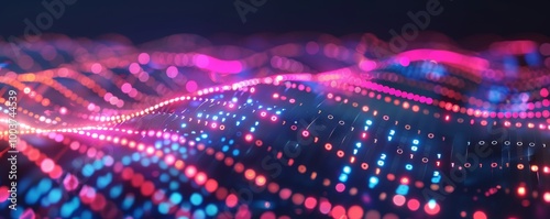 Abstract background with a glowing digital wave of data and code, an AI technology concept. Futuristic landscape with binary code in neon colors. Glowing pixel light effect on a dark backdrop.