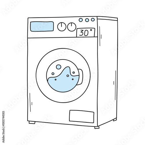 Washing machine in doodle style. Isolated linear washing machine. Vector illustration.
