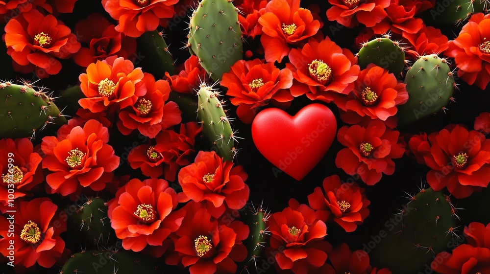 Red flowers with a heart shape in the center, surrounded by greenery, vibrant colors, floral arrangement.