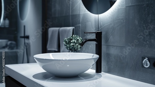 closeup of luxury interior with ceramic washbowl on white countertop black water tap grey tile and round mirror on wall in hotel bathroom indoors