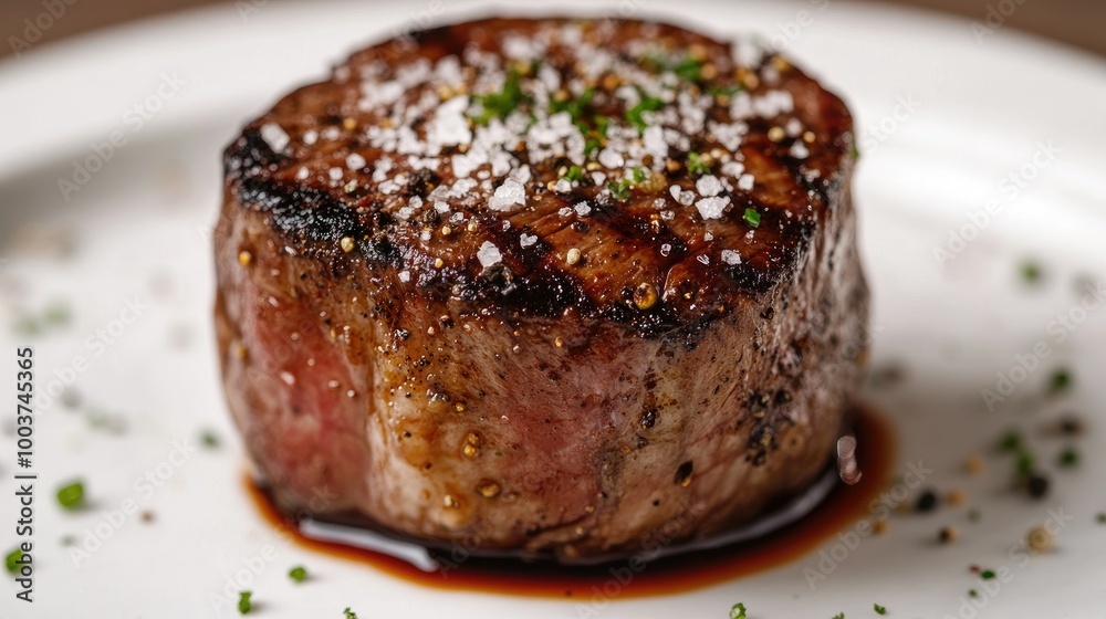 Juicy Grilled Steak with Seasoning on White Plate Juicy Grilled Steak with Seasoning on White Plate