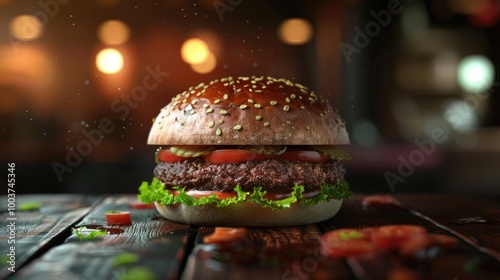 Burger BBK with chips on a dark wooden table photo