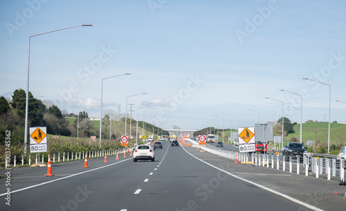 Roadworks on Waikato Expressway. Speed limit reduced from 110 km/h to 80 km/h. North Island. New Zealand.