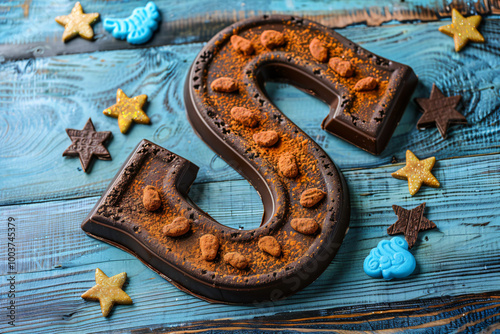 Traditional dutch chocolate latter S for Sinterklaas day on wood background. Kids treats. Celebration concept for children party in Saint Nicolas day five december. Copy space, top view. photo