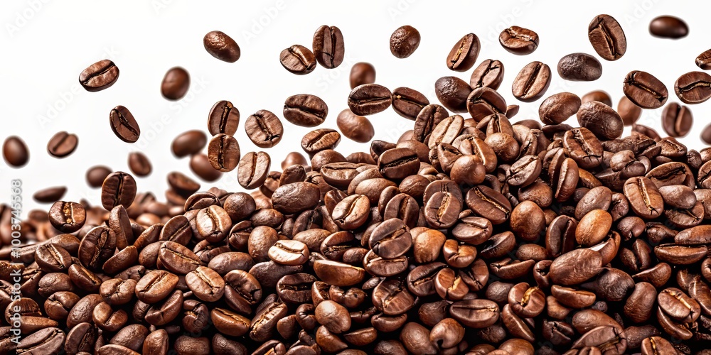 Naklejka premium Coffee beans cascade downwards in slow motion, scattered against a transparent background, showcasing their unique shapes and rich brown colors in high-definition detail.