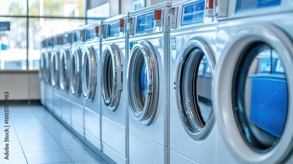 A row of modern washing machines in a laundromat, designed for convenience and efficiency. A row of modern washing machines in a laundromat, designed for convenience and efficiency.