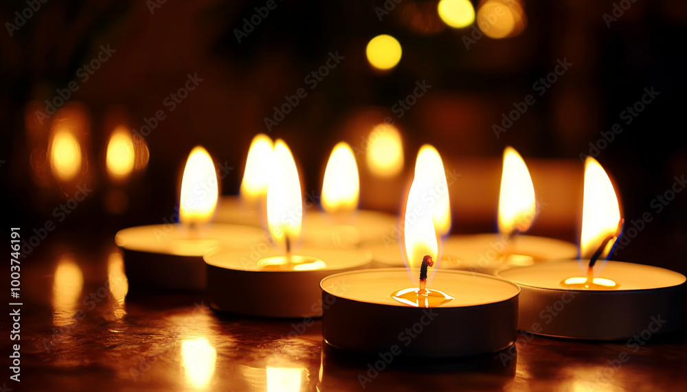 A serene arrangement of lit tea candles, creating a warm and inviting atmosphere. A serene arrangement of lit tea candles, creating a warm and inviting atmosphere.