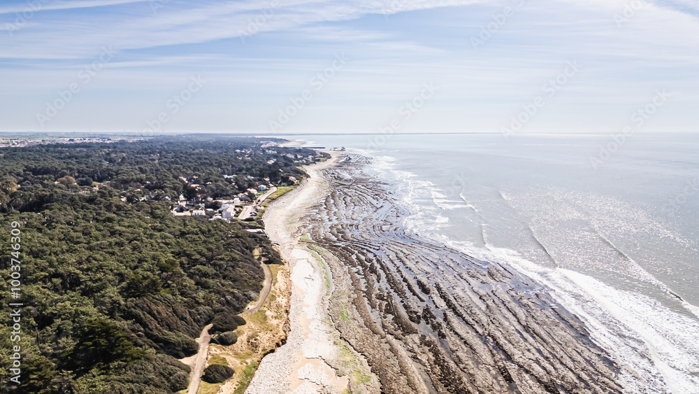 Drone view of Ragounite beach in Jard sur Mer, Vendee, France on a spring day