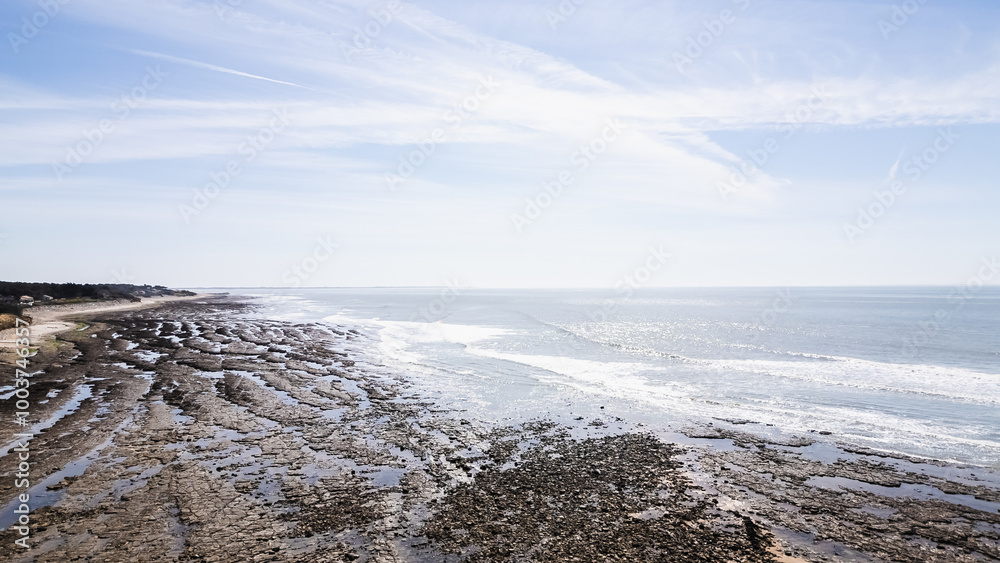 Drone view of Ragounite beach in Jard sur Mer, Vendee, France on a spring day