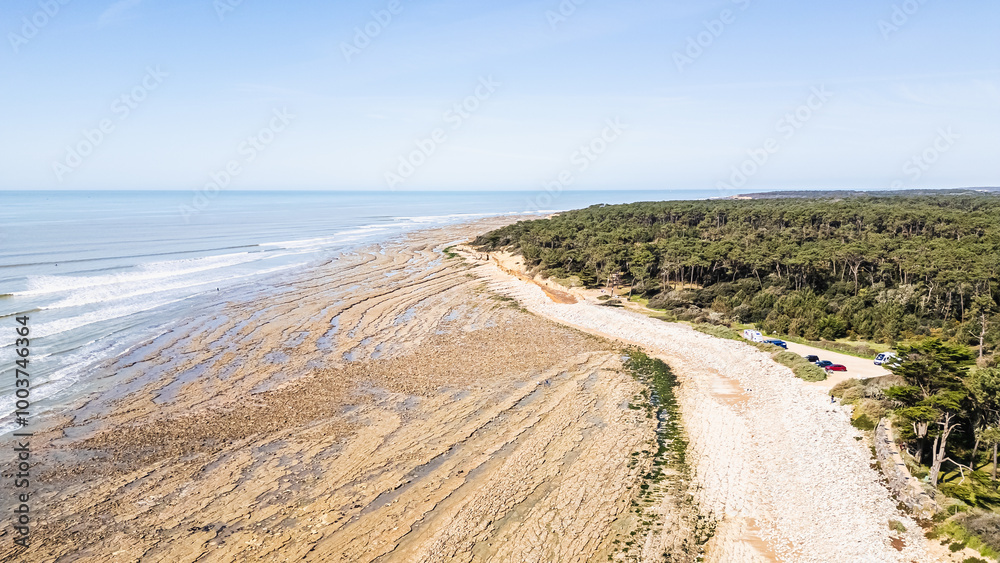 Drone view of Ragounite beach in Jard sur Mer, Vendee, France on a spring day