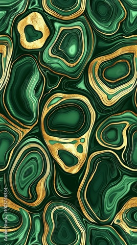  A detailed shot of a green and gold wallpaper featuring an array of varied green and golden shapes and sizes
