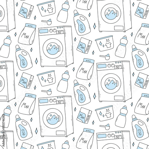 Seamless pattern with wash elements. Print wash laundry. Vector illustration. Doodle style. Pattern with powder, washing gel, washing machine.