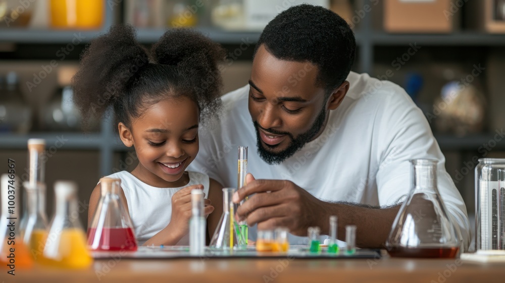 Father and daughter enjoying fun science experiment with colorful liquids. Father and daughter enjoying fun science experiment with colorful liquids.