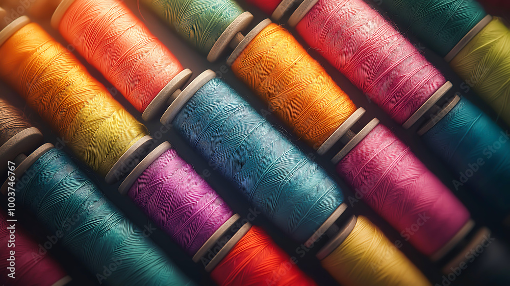 Top view composition of sewing spools with colorful vibrant Top view composition of sewing spools with colorful vibrant