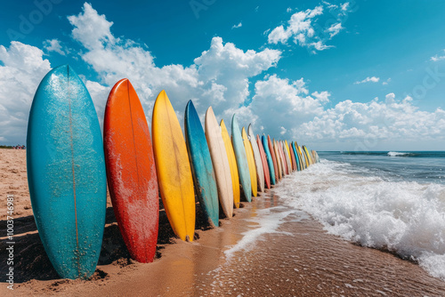 A vibrant array of surfboards stands in a straight line on the beach, against a backdrop of fluffy clouds and a sparkling ocean. The waves gently lap at the shore on a sunny day. photo