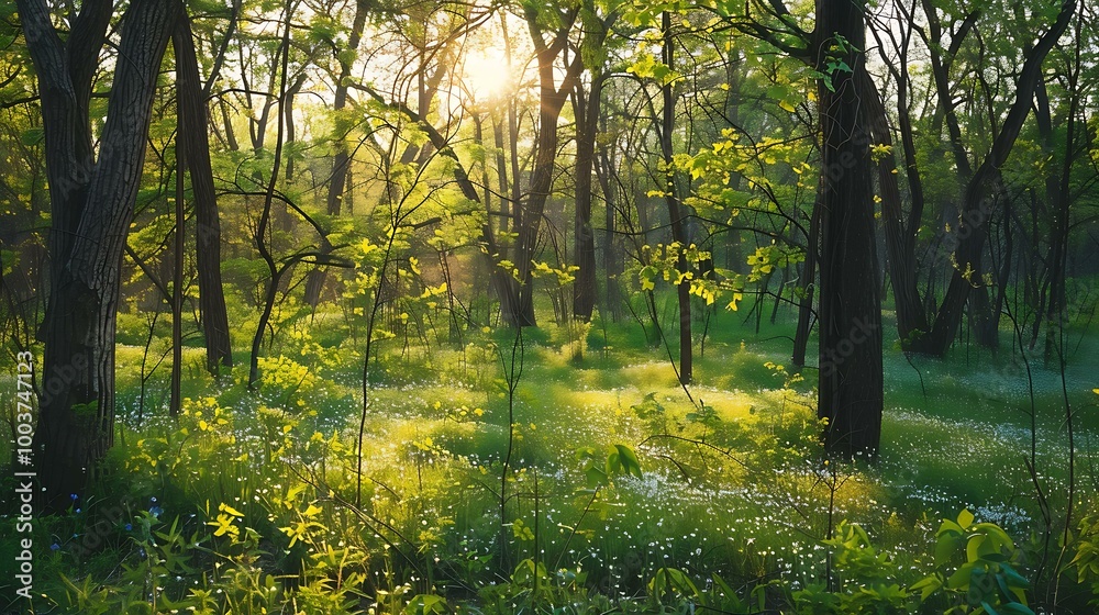Peaceful woodland landscape in early spring, vibrant green undergrowth, scattered wildflowers, golden sunlight streaming through the trees Peaceful woodland landscape in early spring, vibrant green undergrowth, scattered wildflowers, golden sunlight streaming through the trees