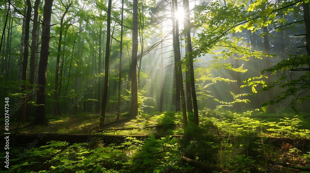 Fototapeta premium Serene forest scene during springtime, lush green foliage, tall trees, bright sunbeams filtering through the canopy, illuminating the soft forest floor