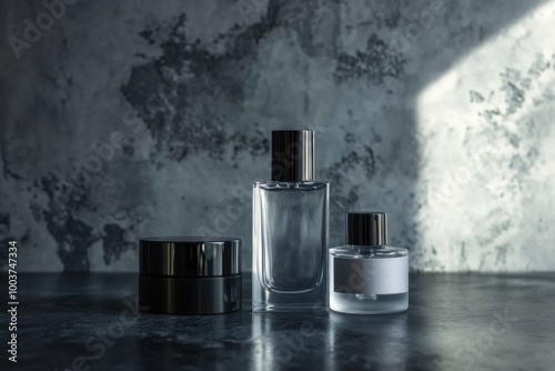 Elegant display of men's fragrance and skincare products on a textured surface photo