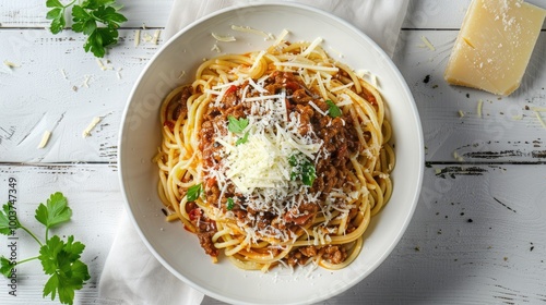 spaghetti al ragu alla Bolognese topped with shredded cheese in white bowl om white wood table high angle view close up