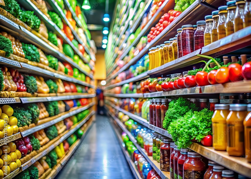 Fototapeta premium A lively grocery aisle features a variety of fresh fruits and vegetables alongside canned goods and everyday household