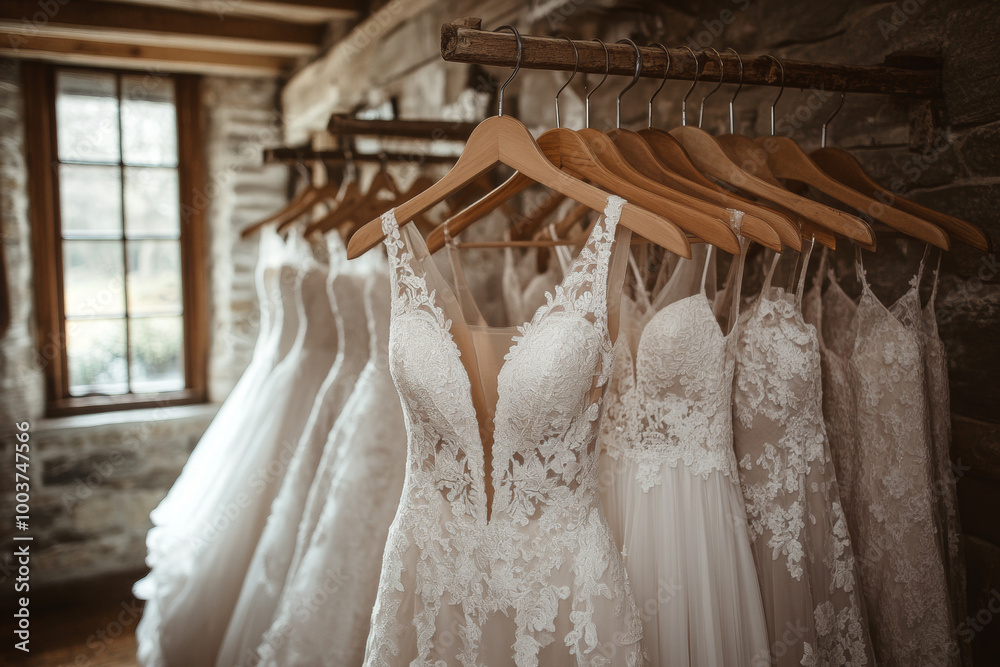 An enchanting collection of white wedding dresses hangs neatly on wooden hangers in a rustic boutique. Soft light filters through the window, highlighting intricate lace and elegant designs. An enchanting collection of white wedding dresses hangs neatly on wooden hangers in a rustic boutique. Soft light filters through the window, highlighting intricate lace and elegant designs.