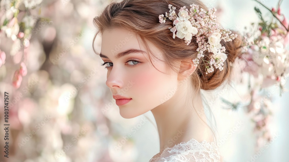 Elegant Woman with Floral Hair Arrangement in Soft Focus Elegant Woman with Floral Hair Arrangement in Soft Focus
