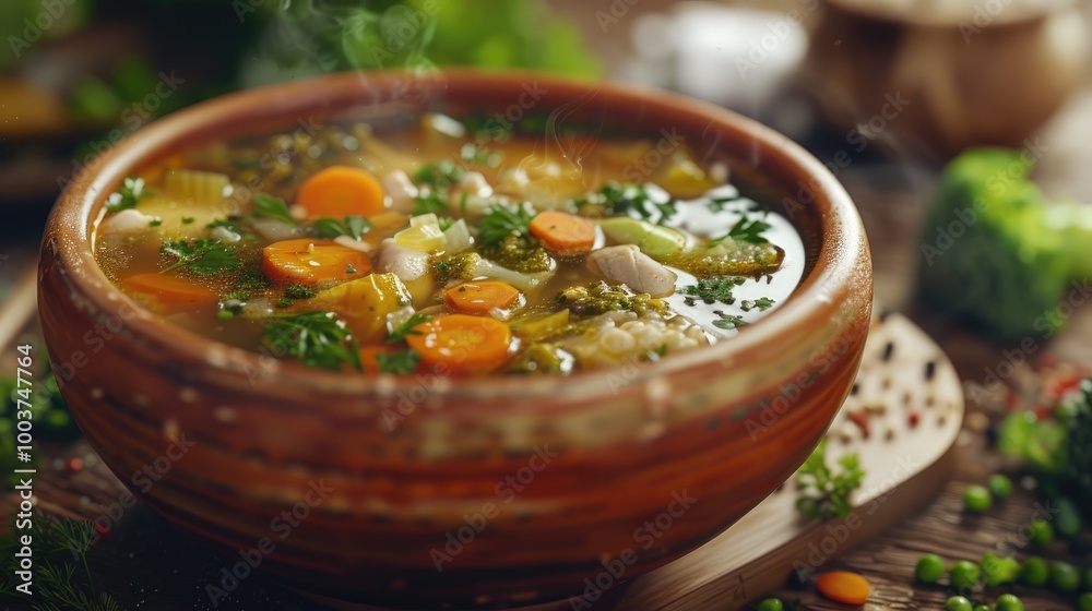 Vegetable Soup is a soup made from vegetables as the main ingredients carrots mustard greens cabbage broccoli and chicken stock for the sauce Served in a bowl on the table Selective focus Vegetable Soup is a soup made from vegetables as the main ingredients carrots mustard greens cabbage broccoli and chicken stock for the sauce Served in a bowl on the table Selective focus