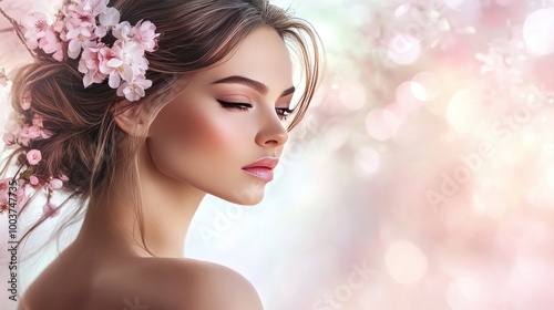 Beautiful Woman with Floral Hair and Soft Background