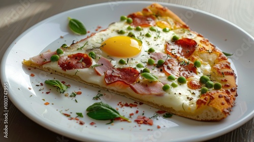 Pizza slice served on the plate Portuguese pizza made with ham pea egg heart of palm pepperoni onion and mozzarella and bacon close up photo Gastronomy Restaurants Pizzerias and Bars