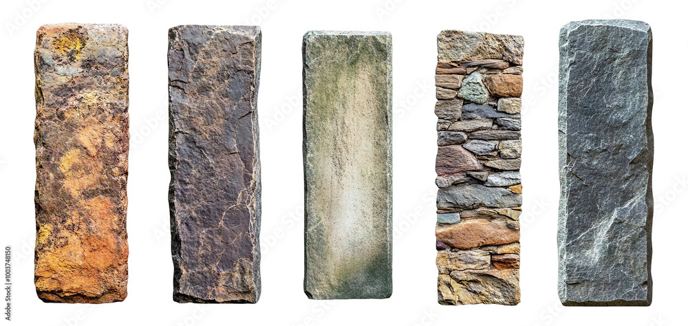 Set of vertical rectangular stone signboards with textured surfaces, isolated on transparent cutout background
