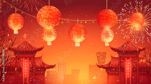 Chinese New Year background with fireworks red lanterns and Chinese architecture in the city in a cartoon style photo