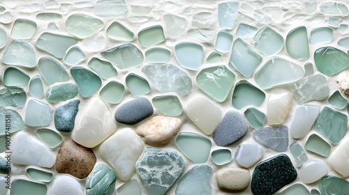 Muted seafoam, pale green, and gray sea glass tiles form a mosaic wall, mimicking smooth stones on a windswept beach, minimalist and calming photo