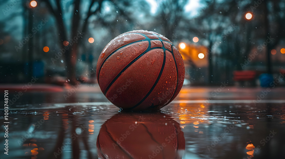 Basketball in the Rain with Reflection