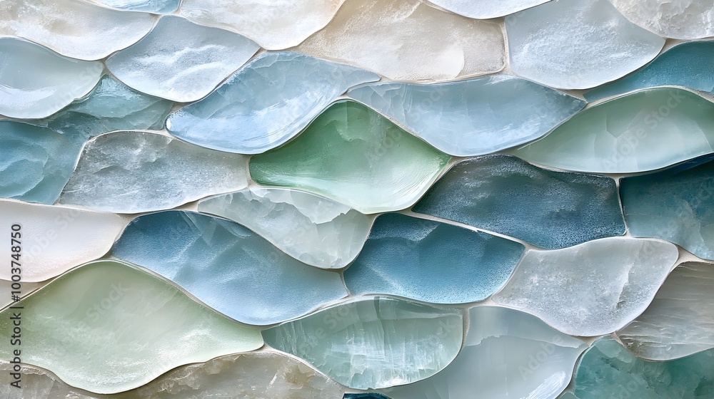 Beach mosaic made of uneven sea glass tiles, arranged to mimic gentle ocean waves, featuring soft, translucent blues, greens, and whites