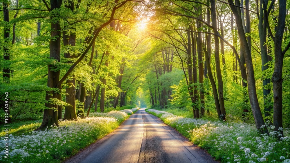 Fototapeta premium season, forest, vibrant, idyllic, outdoors,road, flowers, tranquil, lush, landscape, rural, beauty, Road through a lush green forest with blooming flowers on a sunny spring afternoon