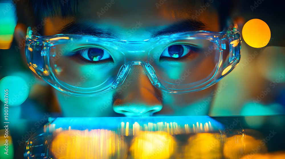 Close Up of Scientist Eyes with Goggles Examining Data in Lab Close Up of Scientist Eyes with Goggles Examining Data in Lab