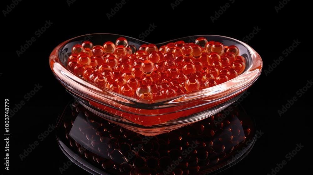 Red caviar fish roe in a heart shaped dish Red caviar fish roe in a heart shaped dish