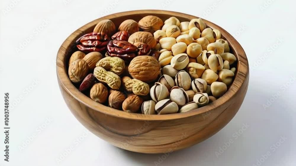 A wooden bowl filled with a variety of nuts and seeds for healthy snacking. A wooden bowl filled with a variety of nuts and seeds for healthy snacking.