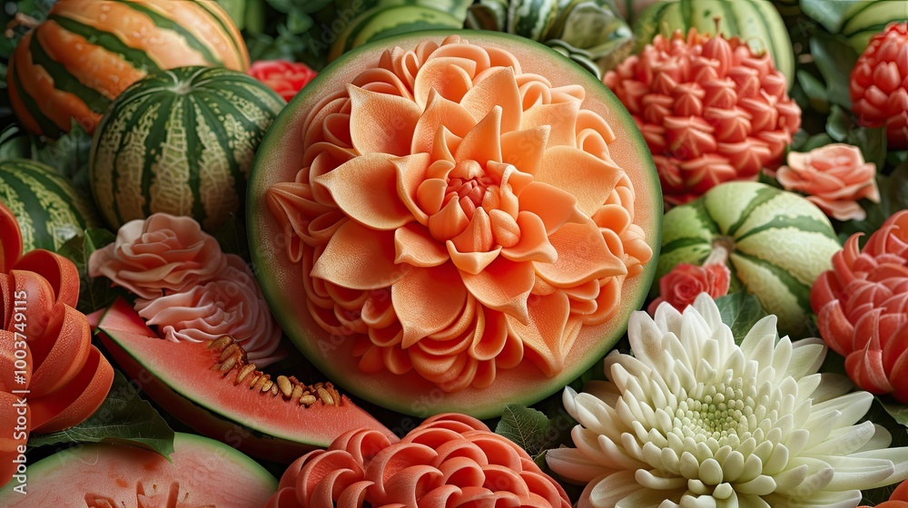 A melon carved into the shape of flowers on a pile of other watermelons and cantaloupes A melon carved into the shape of flowers on a pile of other watermelons and cantaloupes