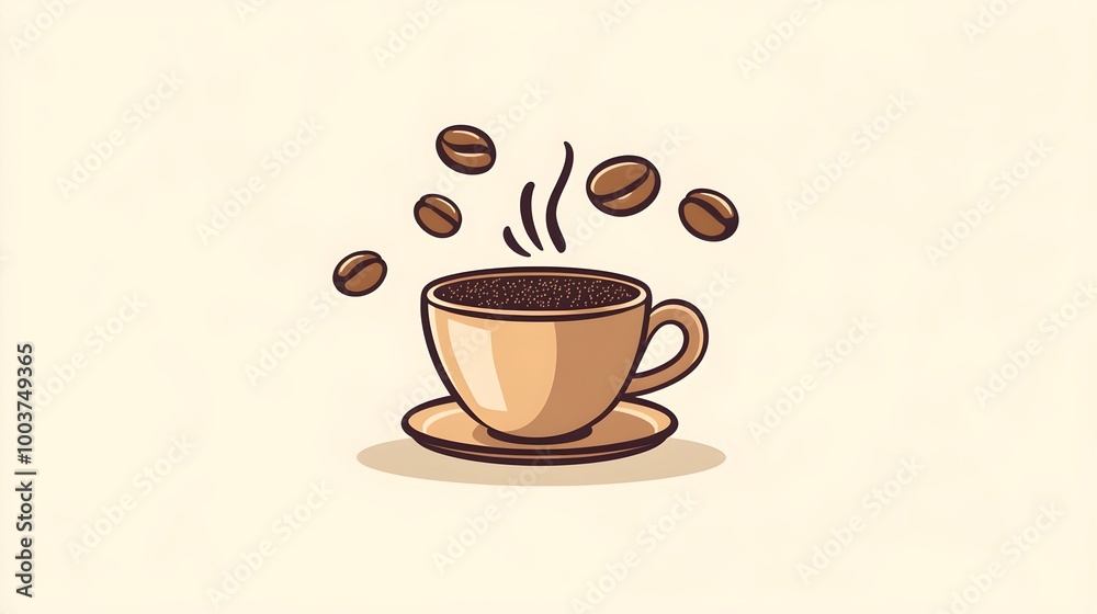 Obraz premium a simple illustration of a coffee cup on a saucer. The cup is filled with coffee, and there are steam lines rising from it, indicating that the coffee is hot. 