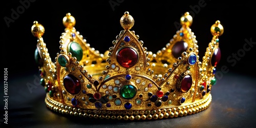 A stunning gold crown, embellished with jewels, rests on a dark background, representing the grandeur of royalty, the