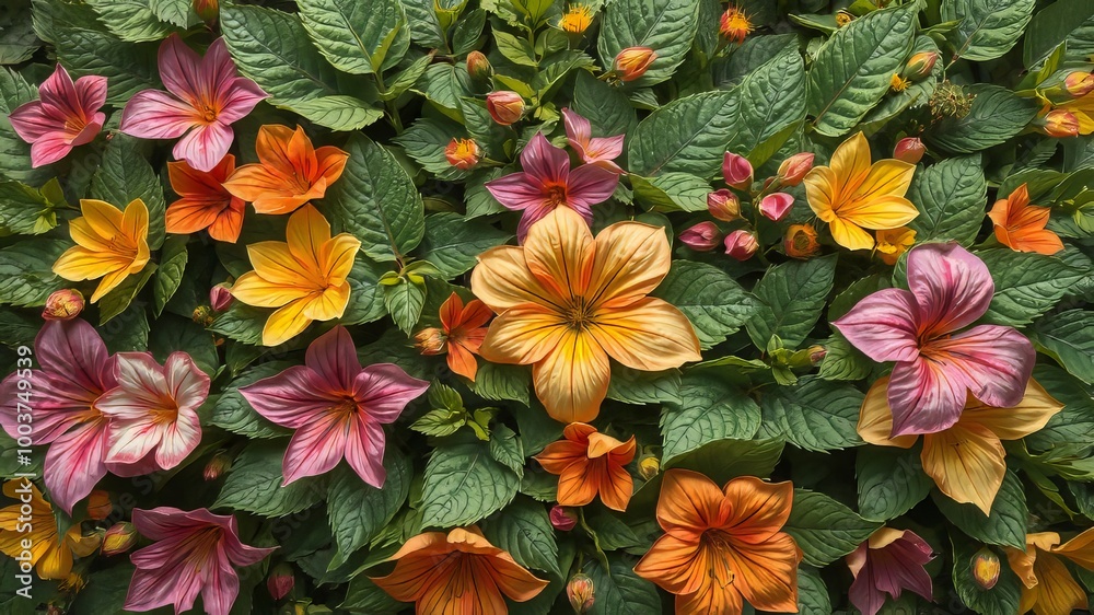 A vibrant arrangement of artificial green leaves and colorful flowers, created by a sophisticated machine intelligence A vibrant arrangement of artificial green leaves and colorful flowers, created by a sophisticated machine intelligence