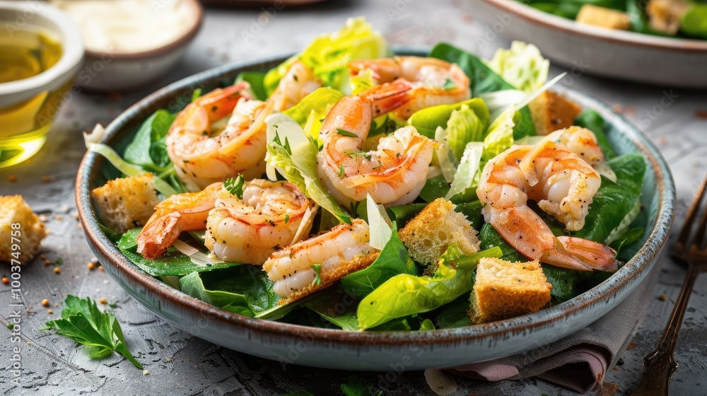 Homemade Shrimp Caesar Salad with Romaine and Croutons Homemade Shrimp Caesar Salad with Romaine and Croutons