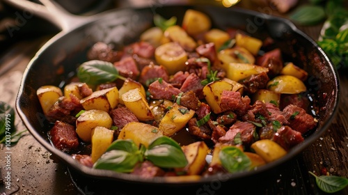 Corned beef hash with potatoes in iron cast pan