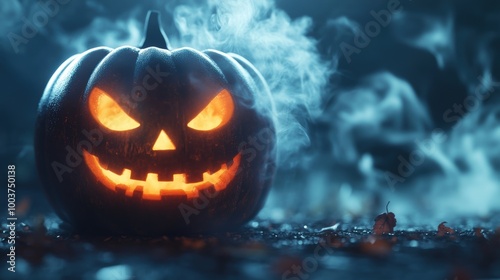 A close up shot of a jack o lantern glowing eyes, with intricate carvings and a swirling smoke effect. photo