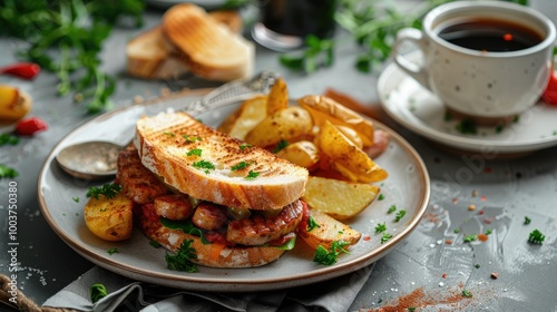 Hot sandwiches with potatoes and sausage in a plate and cup of coffee on gray table