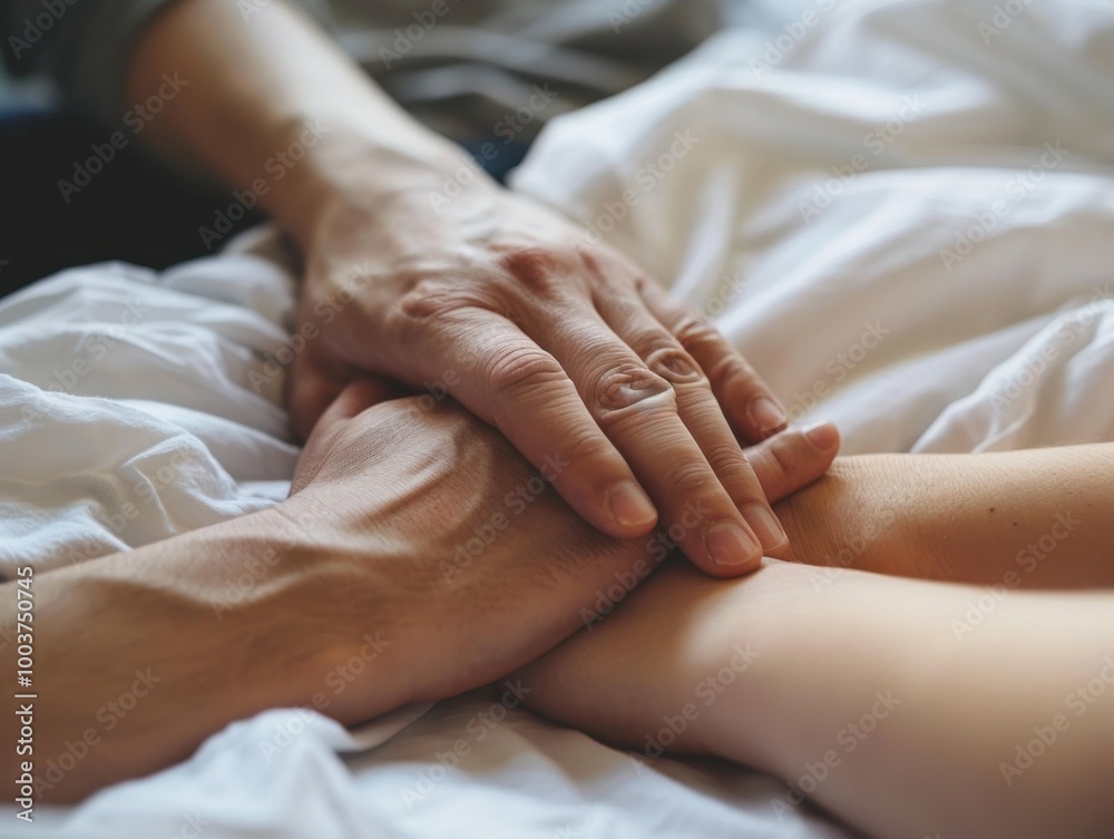 Caring Hands Together by a Hospital Bed Caring Hands Together by a Hospital Bed